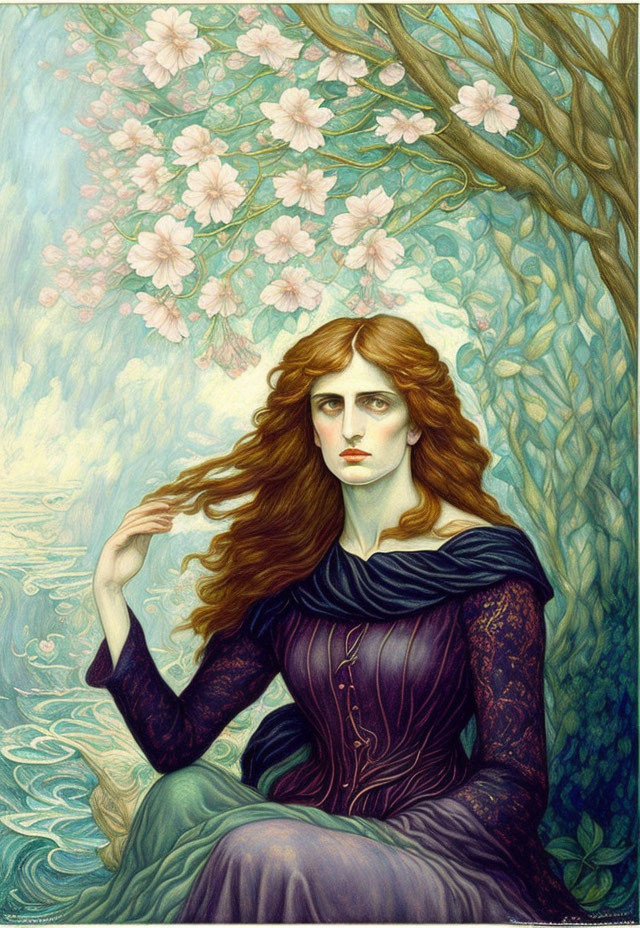 Pensive woman with auburn hair near blooming tree by water