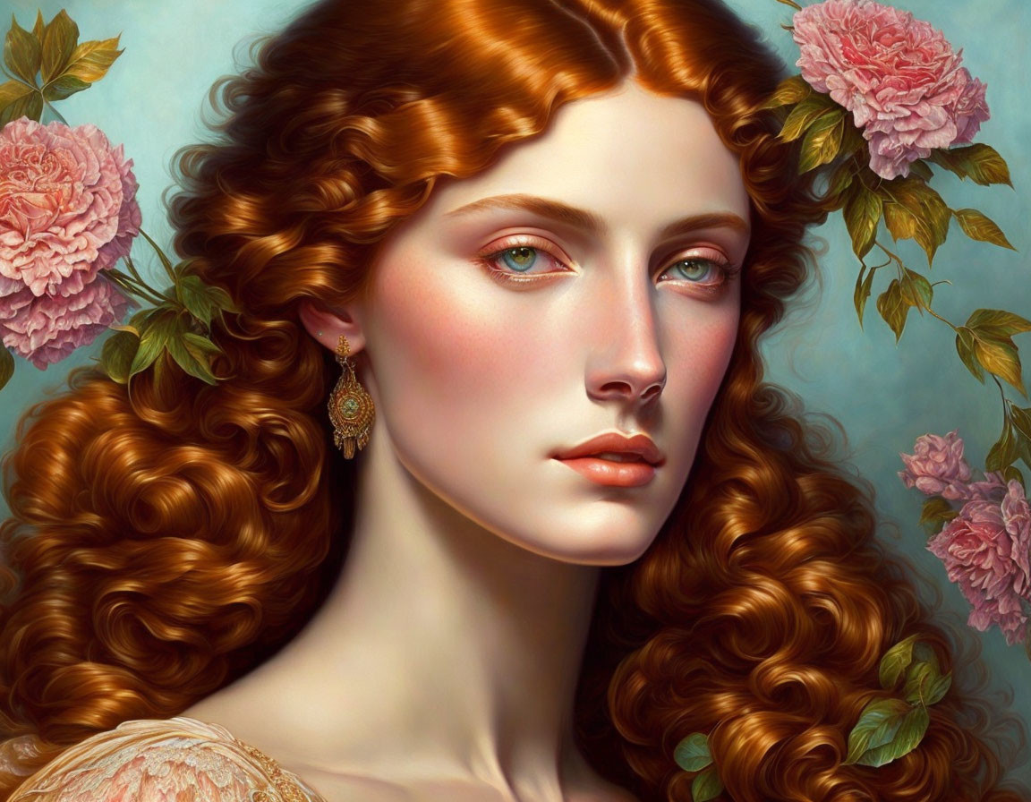 Detailed portrait of a woman with auburn hair and green eyes among pink roses