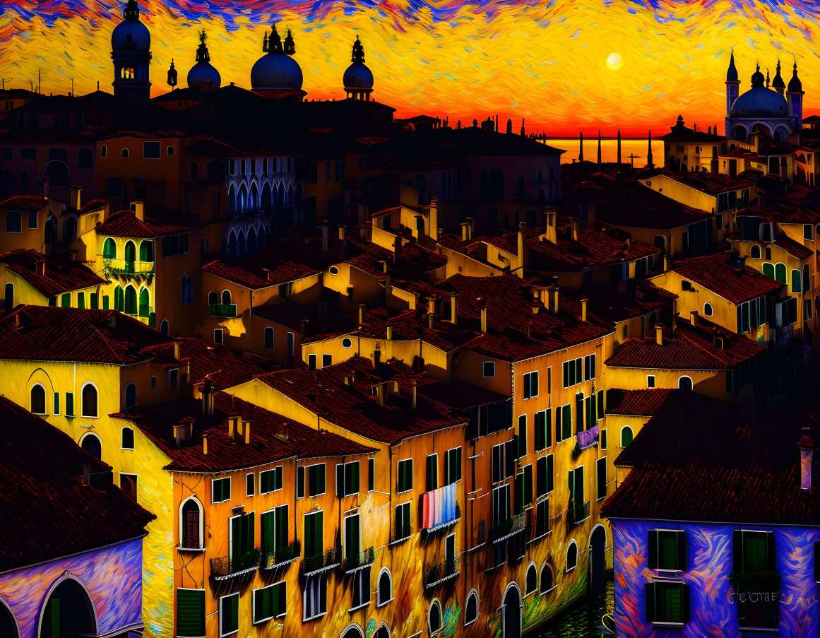 Colorful Venice Sunset Painting with Exaggerated Architecture & Swirling Sky