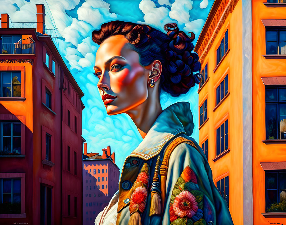 Colorful street art mural featuring woman against city backdrop