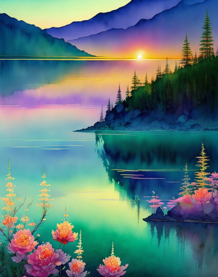 Colorful Watercolor Sunset Over Serene Lake with Pink Flowers