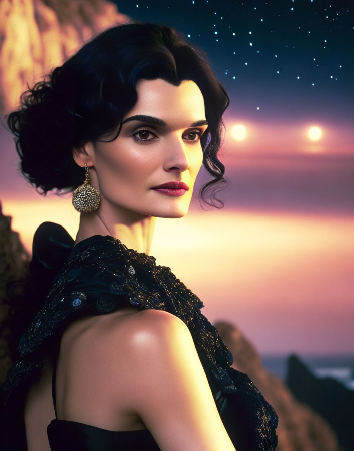 Dark-haired woman in black dress and gold earrings under twilight sky with stars