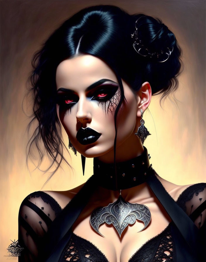 Dark-haired woman with red eye makeup and gothic style in digital art.