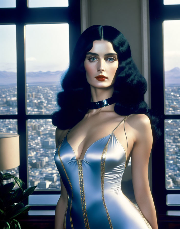 Dark-haired woman in metallic blue bodysuit gazes at cityscape from window