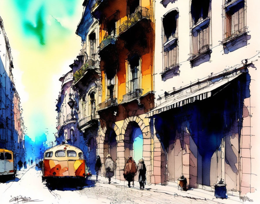 Colorful watercolor painting of a vintage tram on a bustling city street