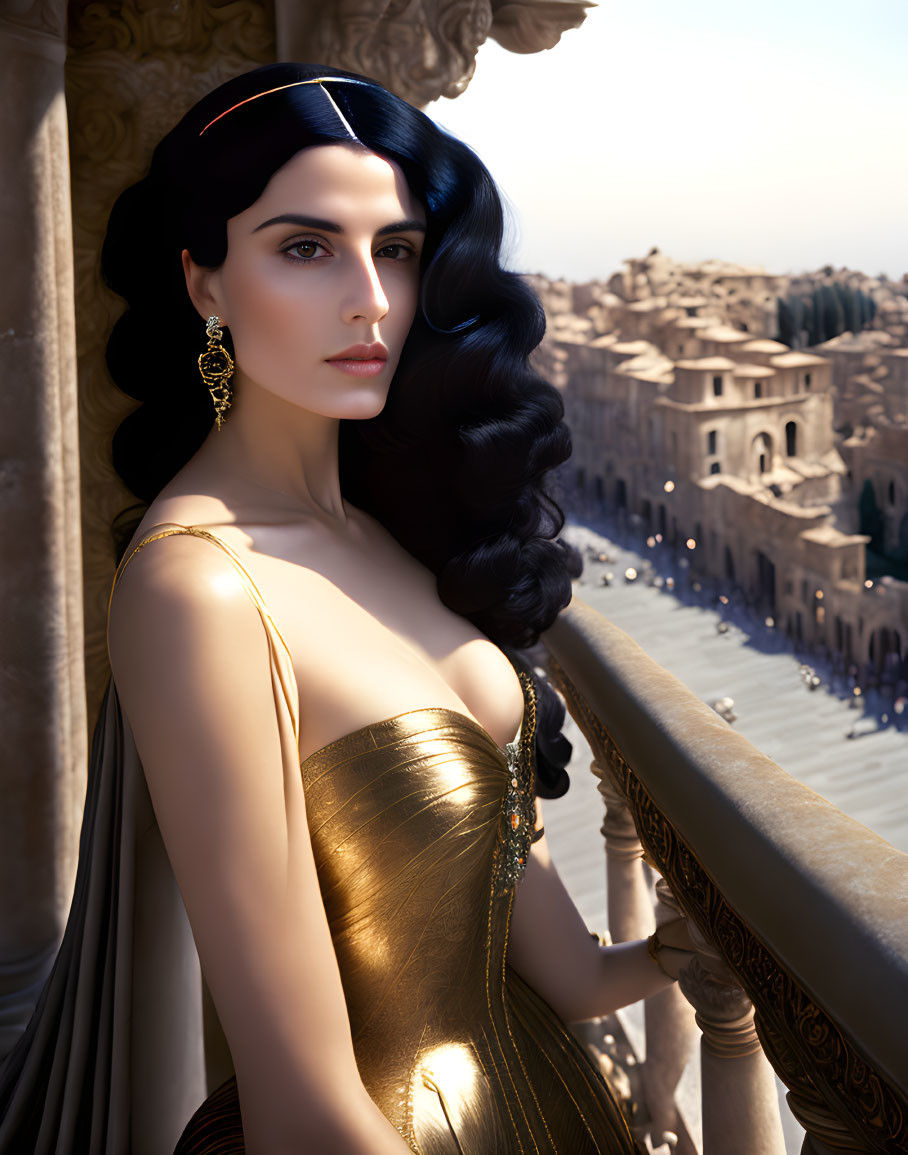 Dark-haired woman in gold dress gazes from balcony at ancient city