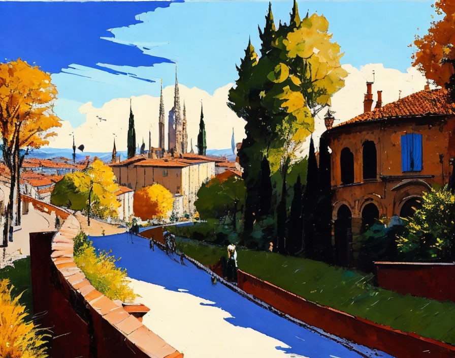 Scenic pathway painting with autumn trees, canal, person, and cathedral.