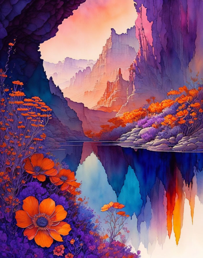 Scenic watercolor landscape with purple and orange mountain peaks and reflective water