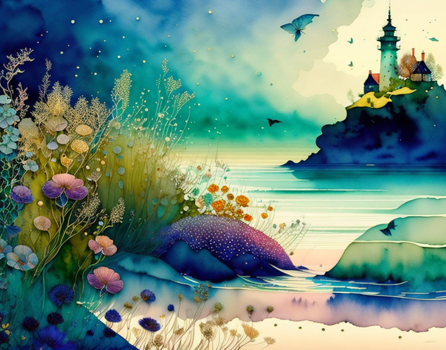 Whimsical lighthouse, flowers, whale, butterflies in starry night by the sea