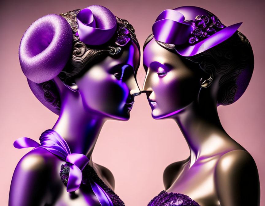 Stylized female mannequin heads in violet tones with elegant hats and decorative accessories.