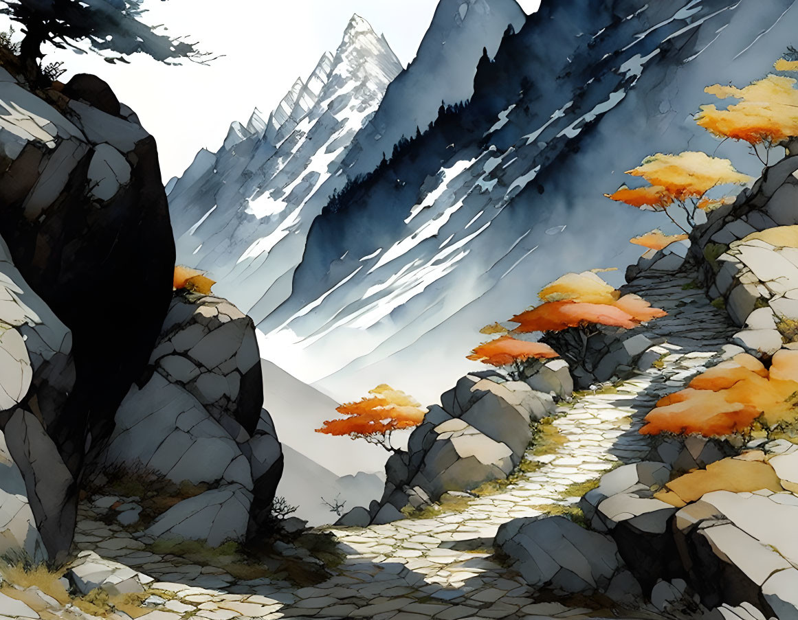 Mountain Path Illustration with Rocky Edges and Snowy Peaks