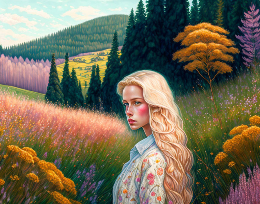 Blonde woman surrounded by pink flowers and green landscape