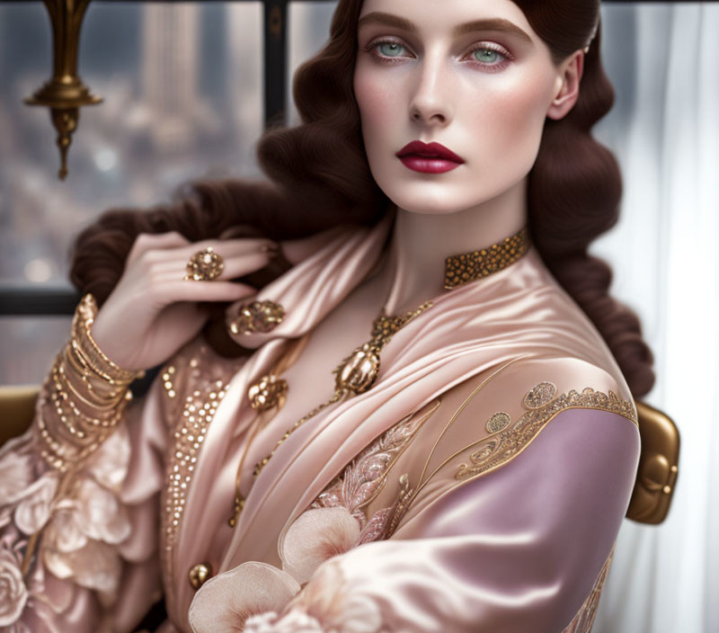 Stylish woman in satin dress with gold jewelry and green eyes posing by window