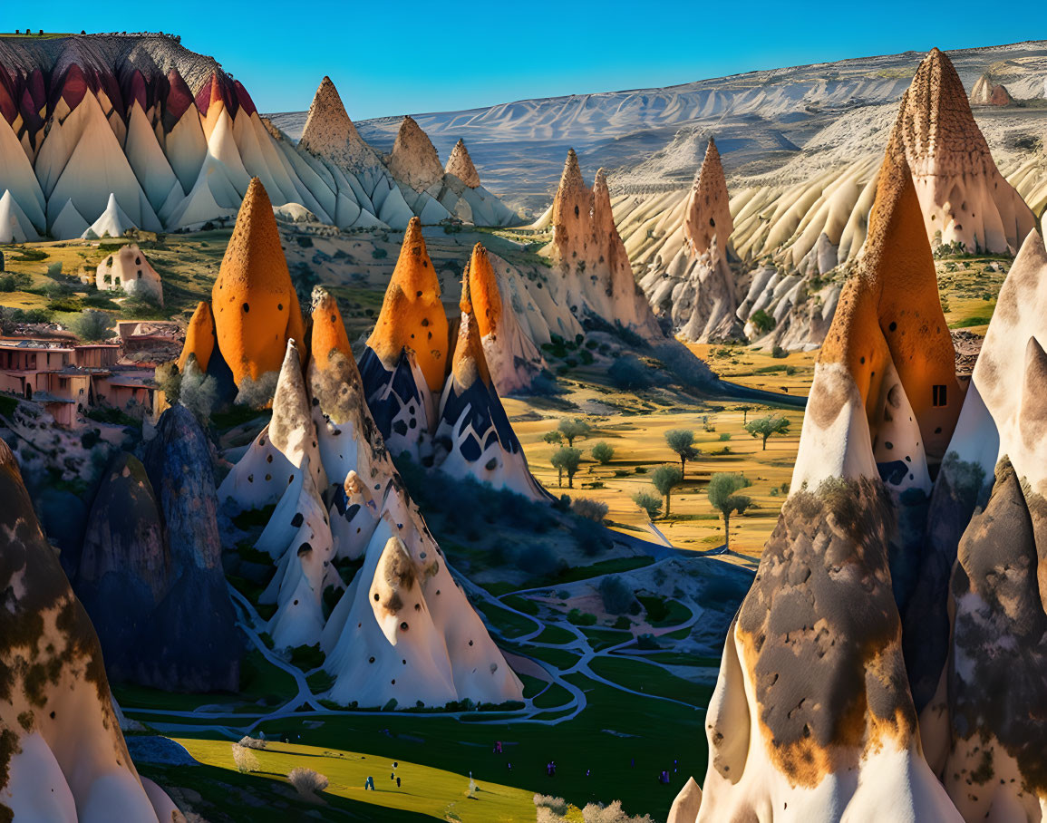 Unique fairy chimneys and rock formations in Cappadocia under vibrant skies