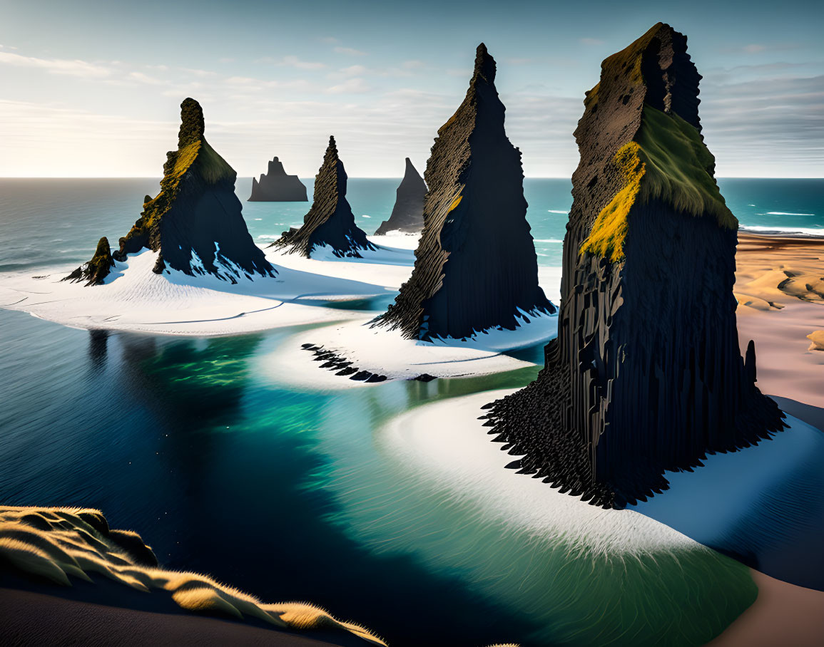 Serene beach with tall jagged sea stacks and snow patches