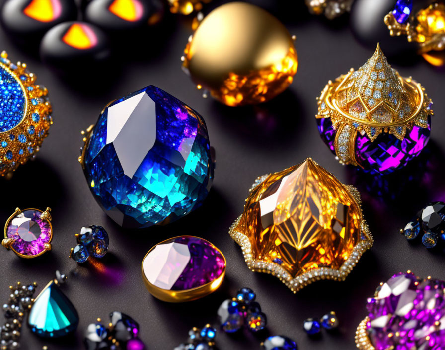 Vibrant gemstones and jewelry on reflective surface