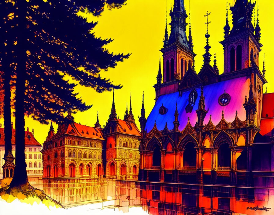 Vibrant Gothic church illustration in orange and purple tones with water reflections.