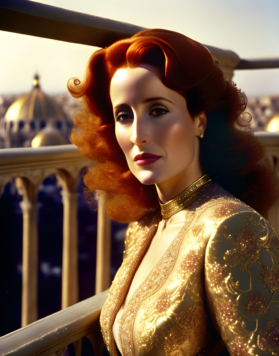 Red-haired woman in ornate golden outfit at sunset balcony.