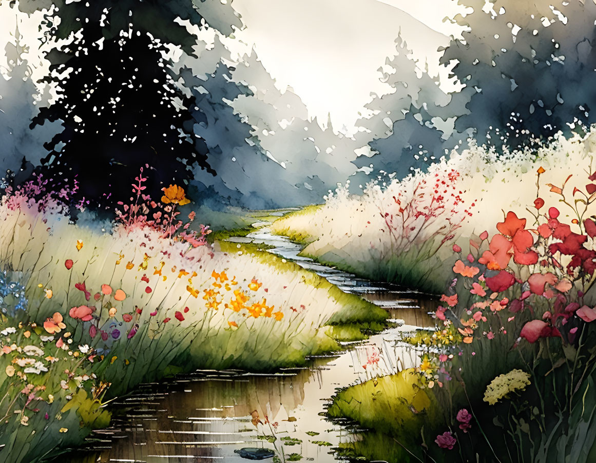 Serene nature scene: watercolor painting of stream, wildflowers, misty forest