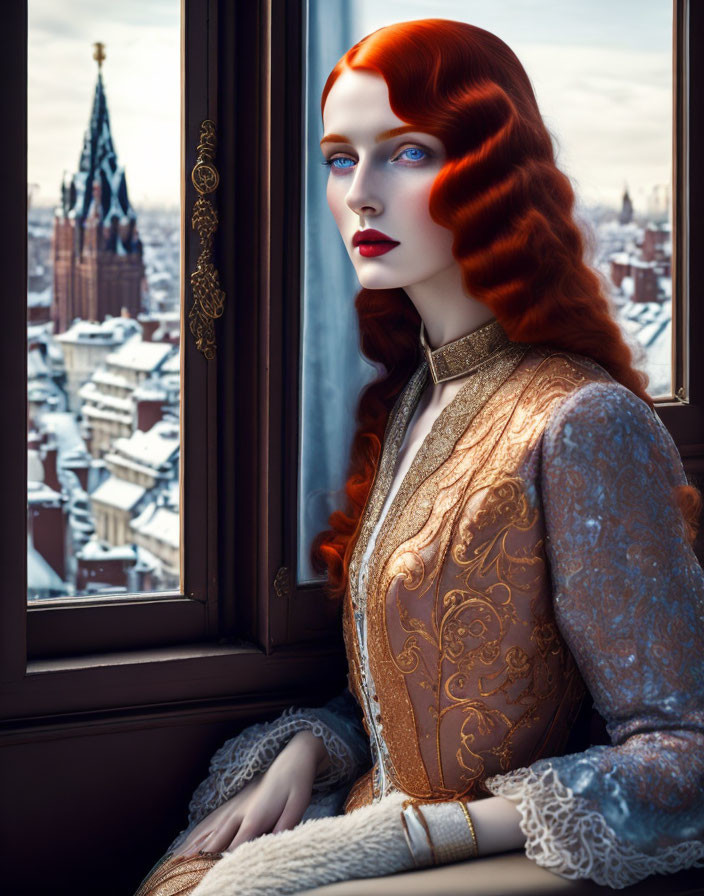 Red-haired woman in golden dress gazes out window with city rooftops in background