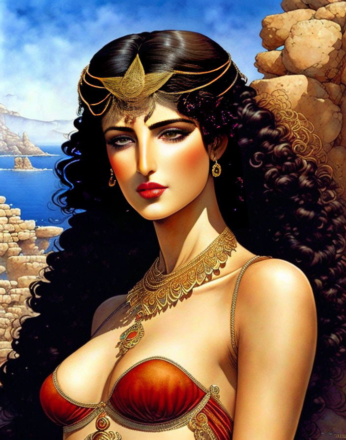 Dark-haired woman with golden jewelry in coastal digital artwork