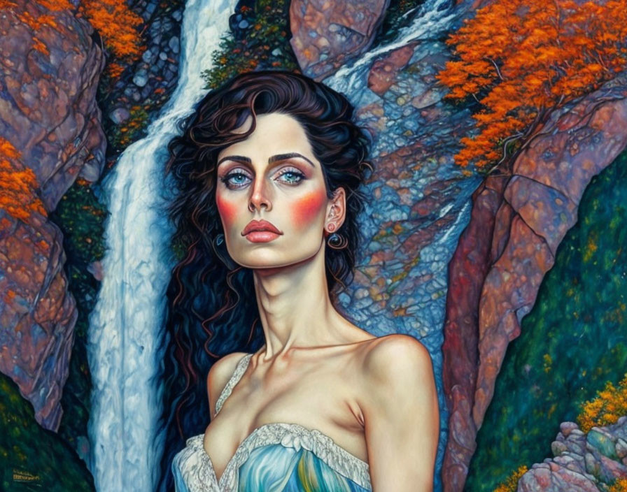 Portrait of Woman with Dark Curly Hair and Striking Blue Eyes in Front of Waterfall and Autumn