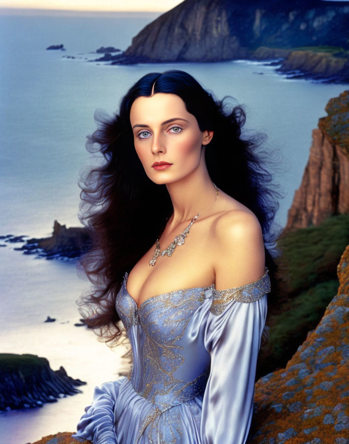 Dark-haired woman in off-shoulder gown by coastal cliffs