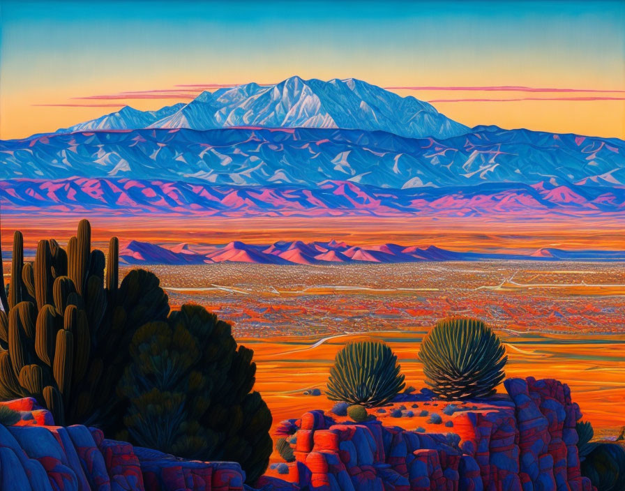 Desert landscape painting: vibrant sunset, layered mountains, cacti, warm colors