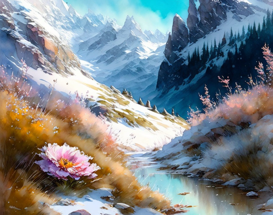 Scenic mountain landscape with pink flower, stream, and snowy peaks