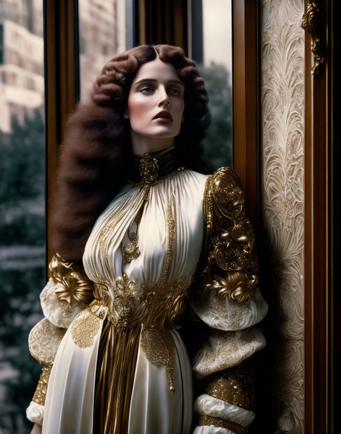 Curly-haired woman in white and gold Victorian dress by window