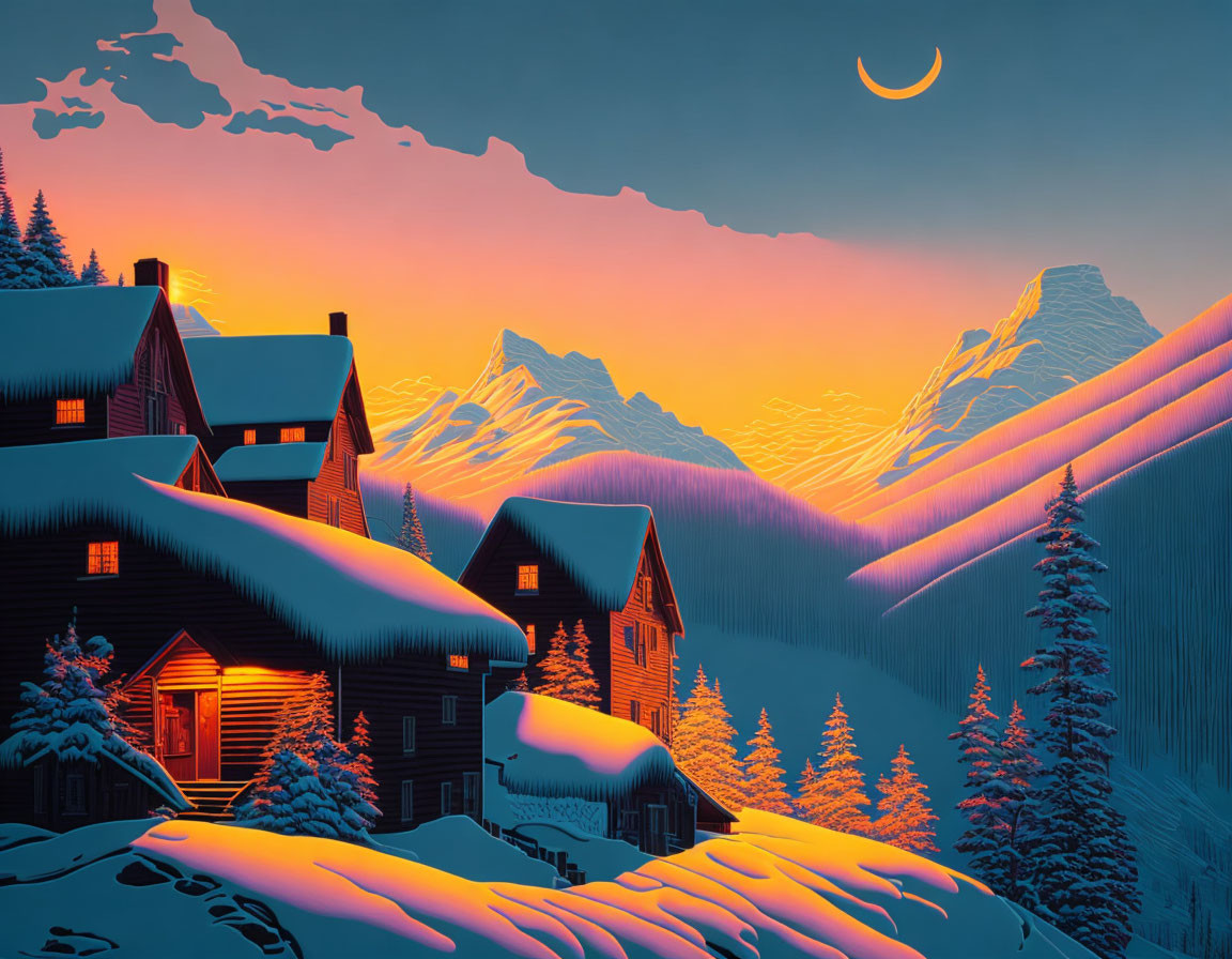 Digital artwork: Serene winter landscape with snow-covered cabins, pine trees, and mountains under crescent