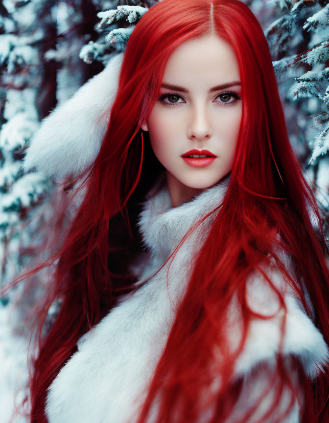 Red-haired woman in white fur amidst snowy pines