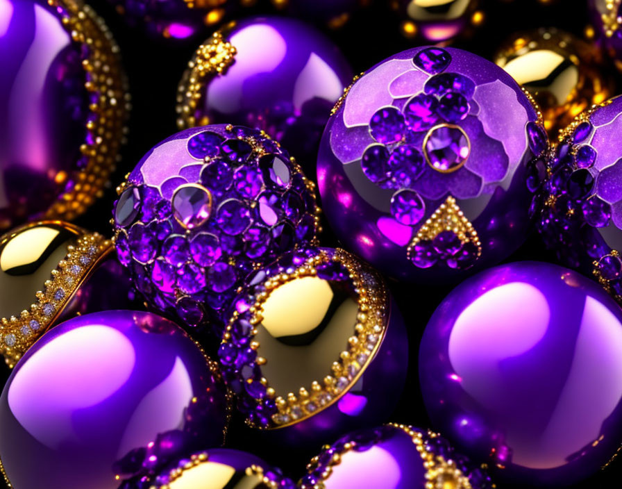 Purple and Gold Baubles with Crystals and Intricate Patterns