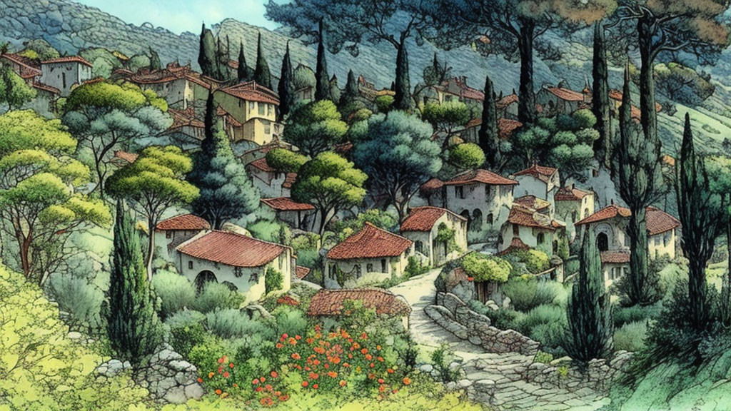 Scenic village with stone houses, red flowers, lush trees, rolling hills