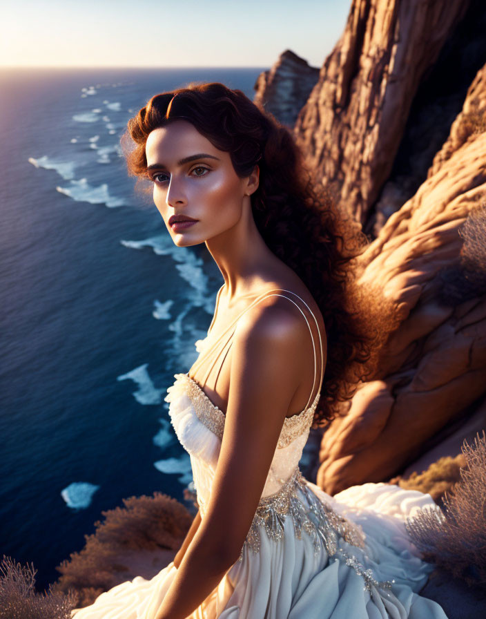 Woman in elegant dress posing on cliffside at sunset