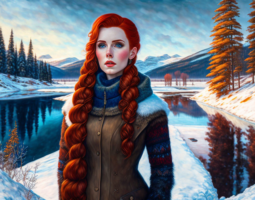 Red-haired woman in fur-trimmed coat amid winter landscape