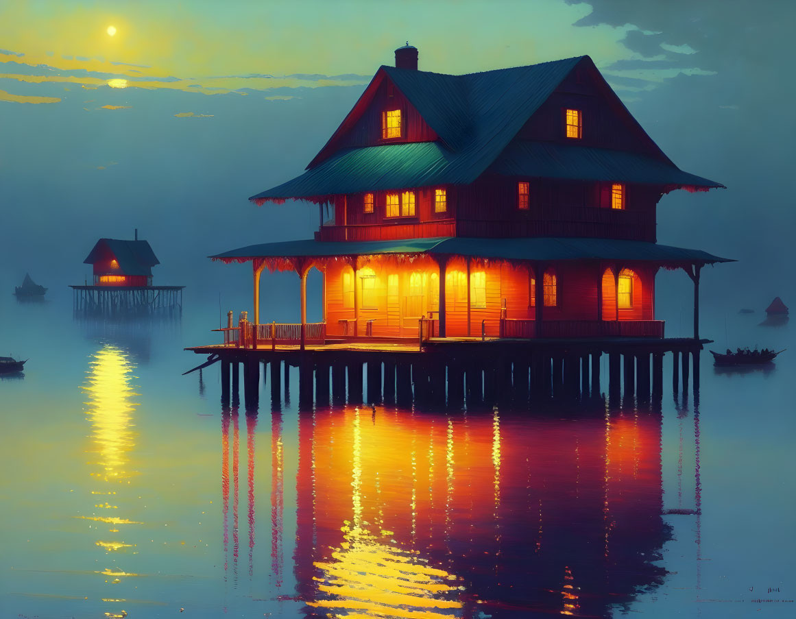 Warmly lit house on stilts over calm waters at dusk with boats nearby