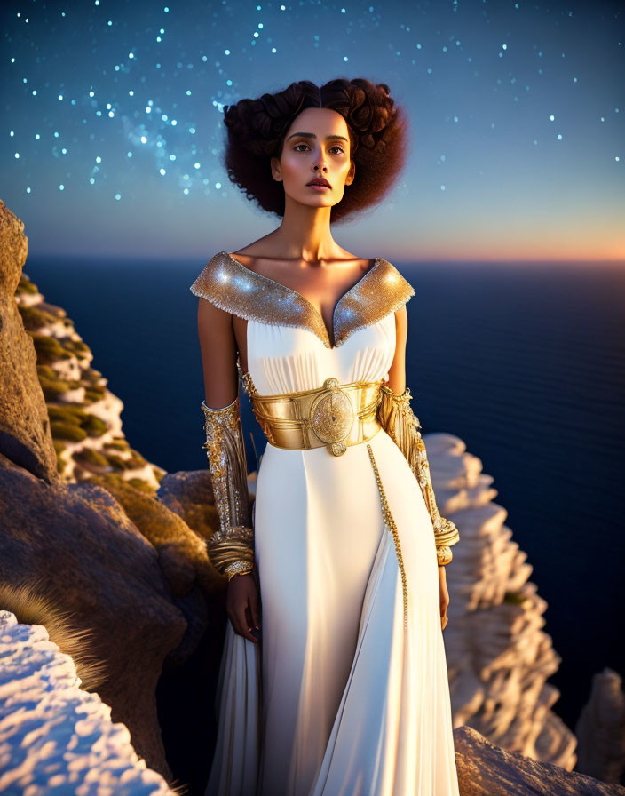 Woman in white and gold gown on cliff at dusk with stars and ocean background