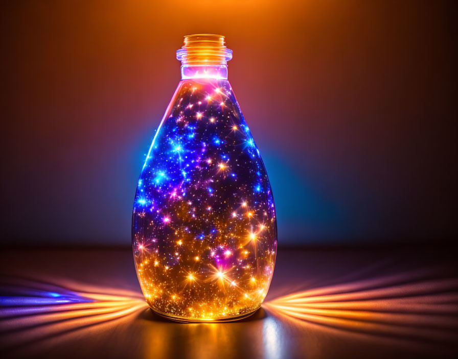 Vibrant blue and orange star-filled bottle on dark surface