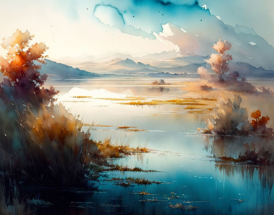 Serene lake watercolor with autumn foliage and distant mountains