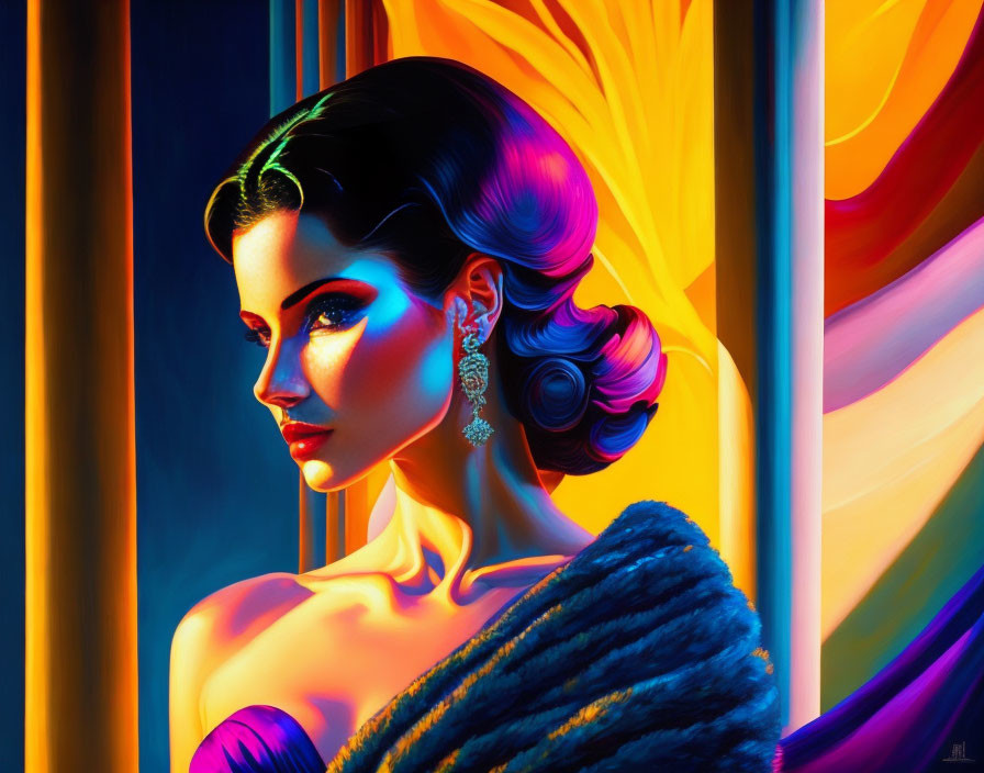 Colorful digital portrait of a woman with stylish hair and fur shawl