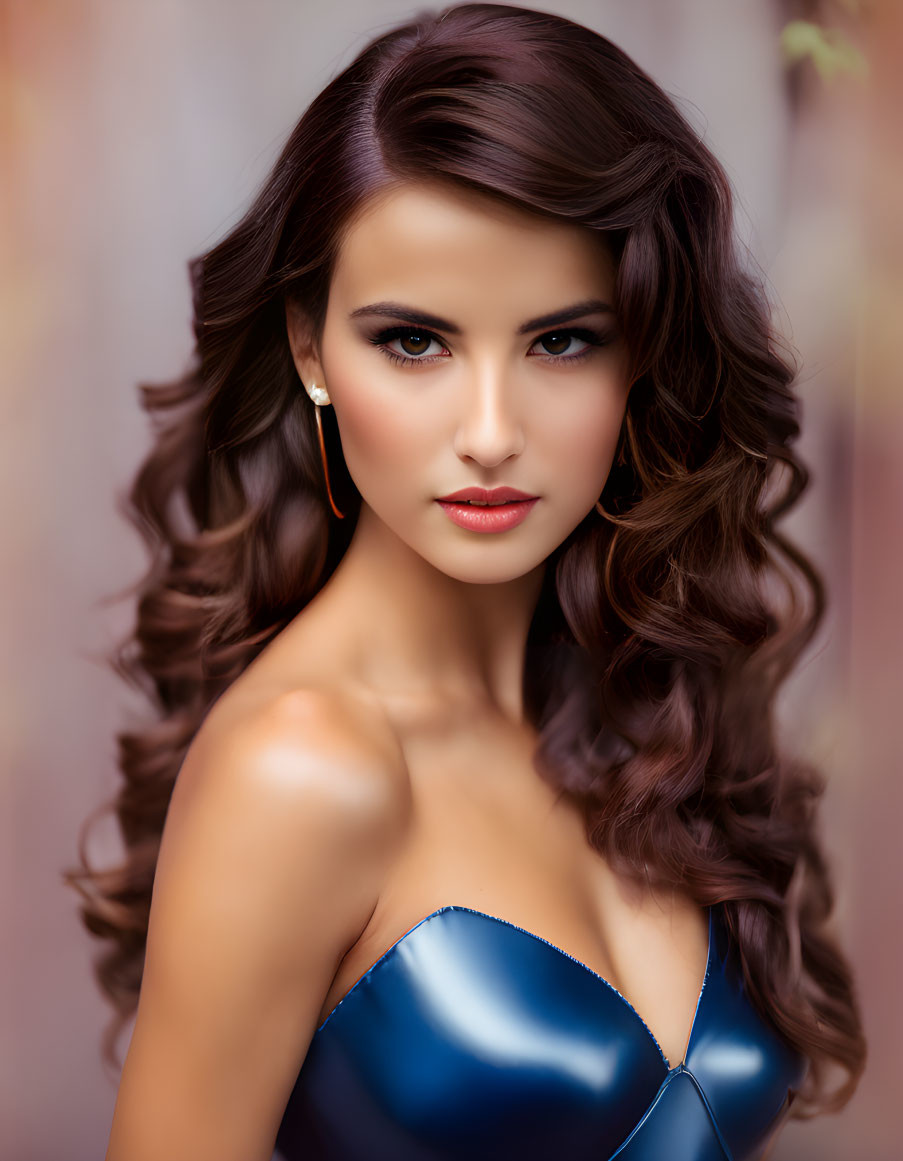 Brunette woman in blue dress with voluminous curls and striking makeup