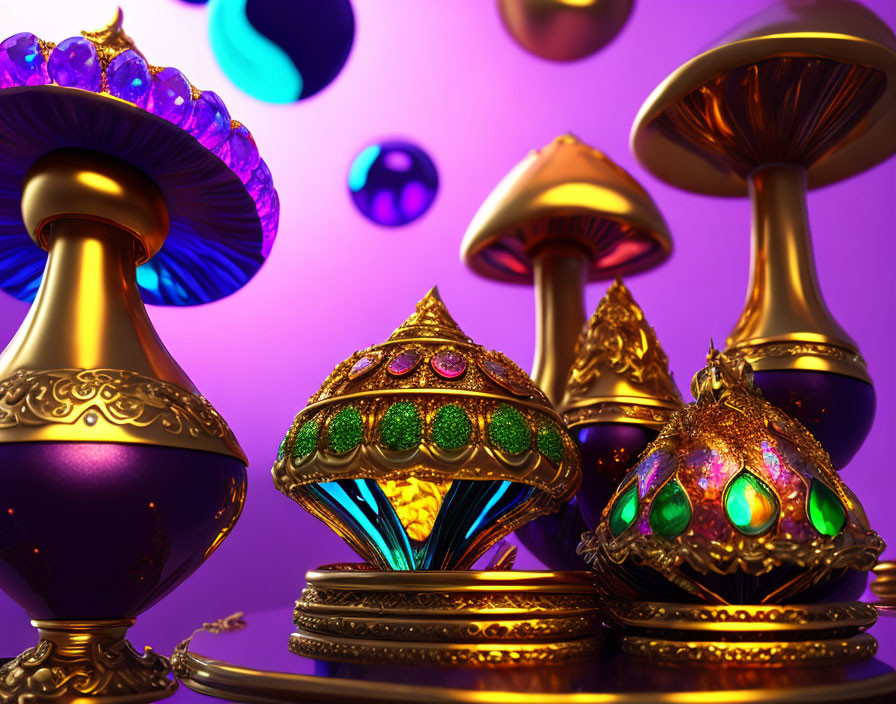 Colorful 3D fantasy mushrooms and gemstone-adorned objects on purple backdrop