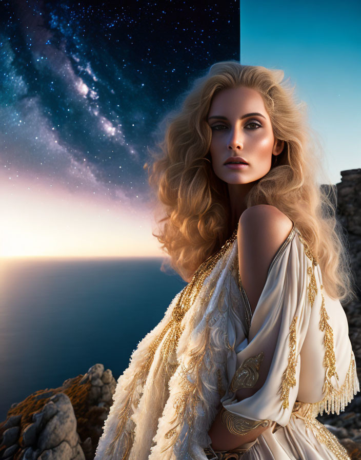 Golden-haired woman in elegant cream outfit by serene sea at sunset