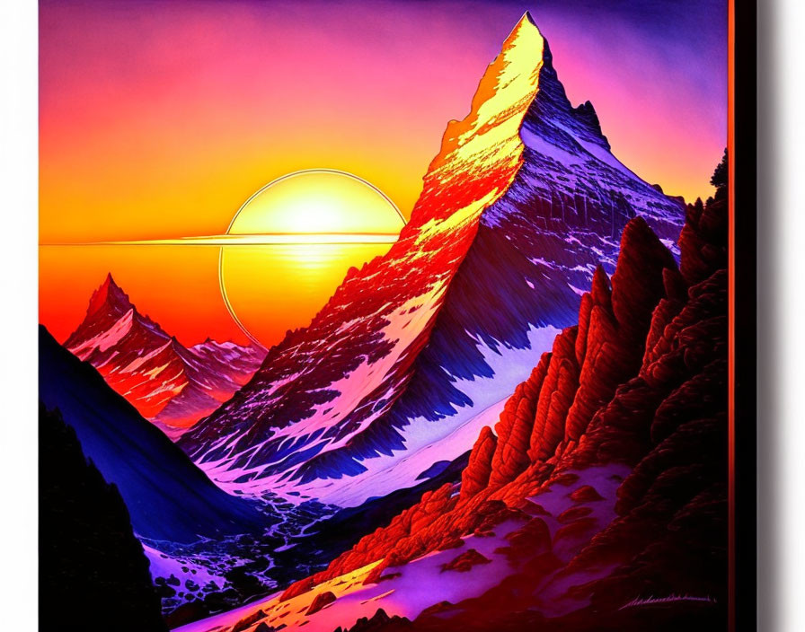 Vibrant digital artwork: Mountain peak, orange and pink sunset sky, serene lake