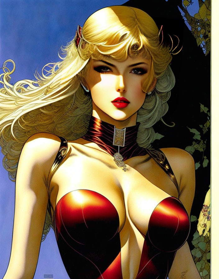 Stylized female character with blonde hair, red costume, mystical amulet necklace