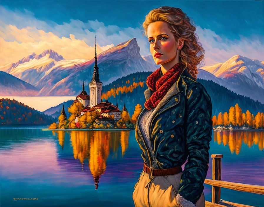 Blond woman in leather jacket by autumn lake with church and mountains