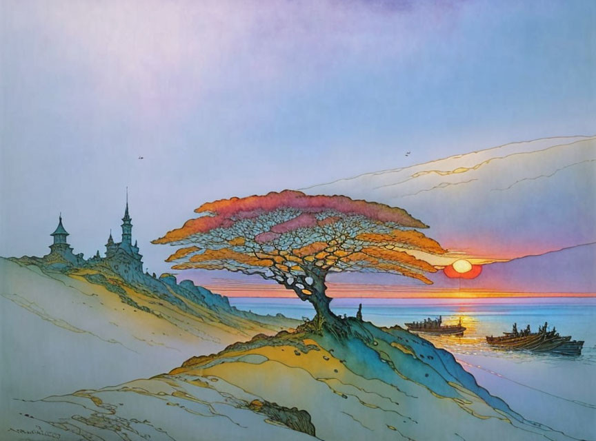 Colorful tree overlooking sunset sea with boats and castle silhouette