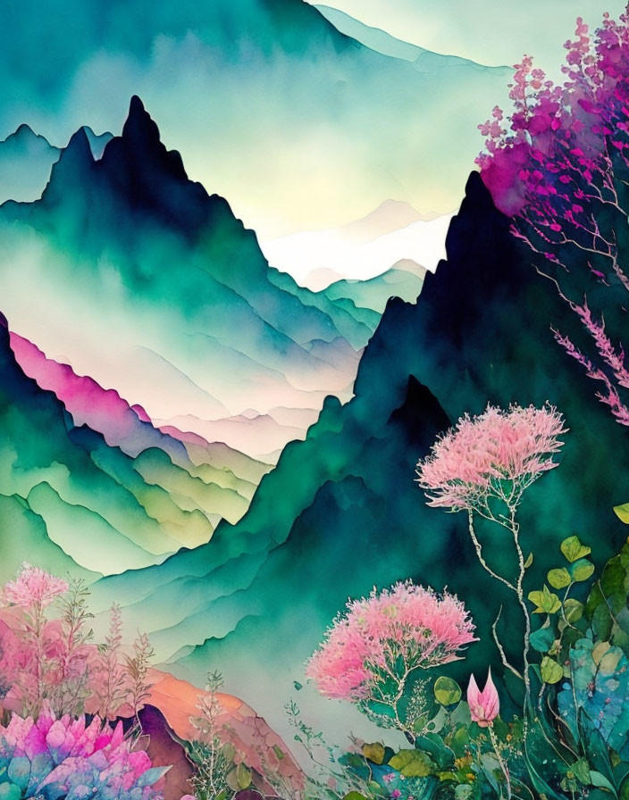 Colorful Watercolor Painting of Layered Mountains and Blooming Flora