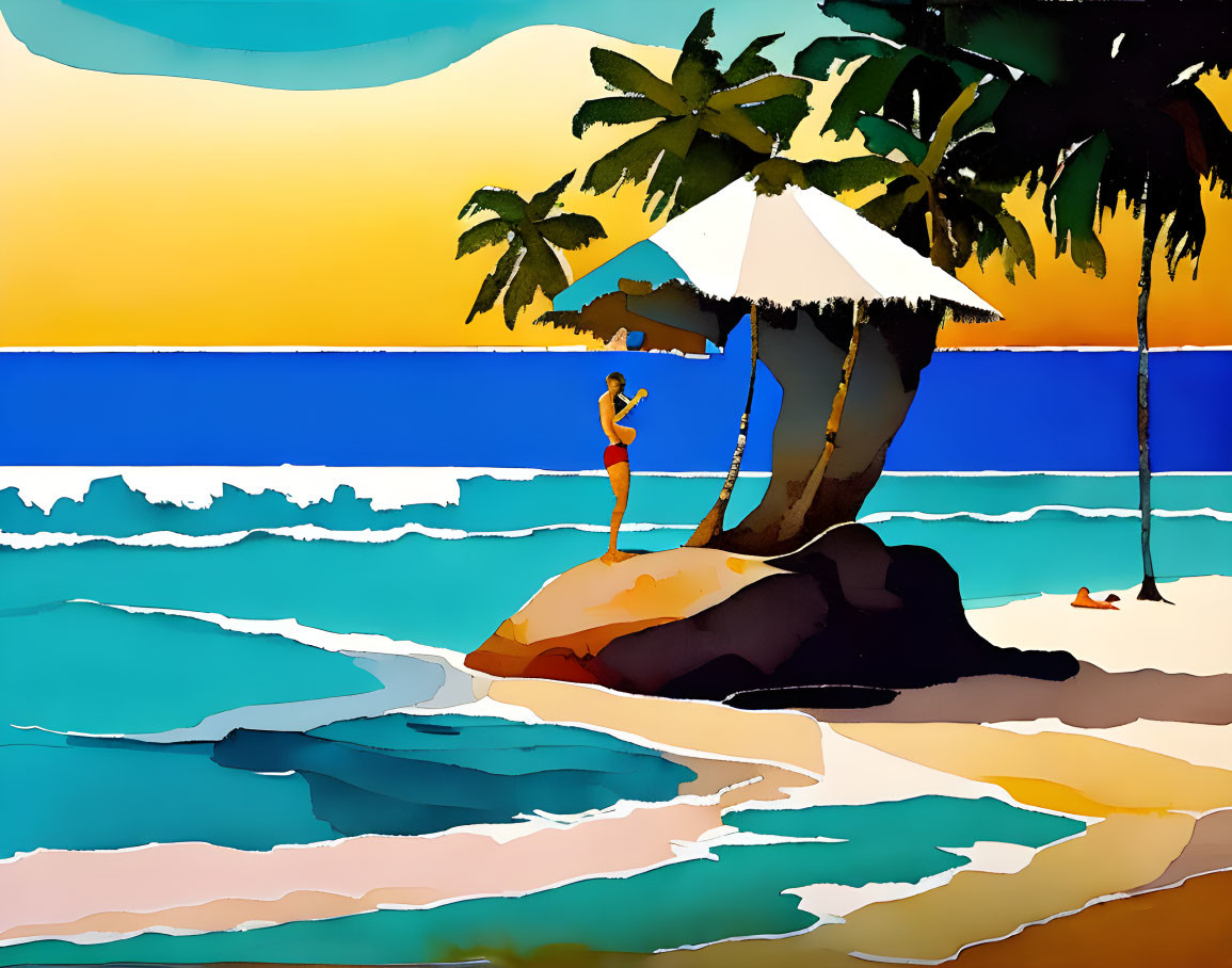 Colorful Beach Scene with Palm Trees, Waves, and Parasol